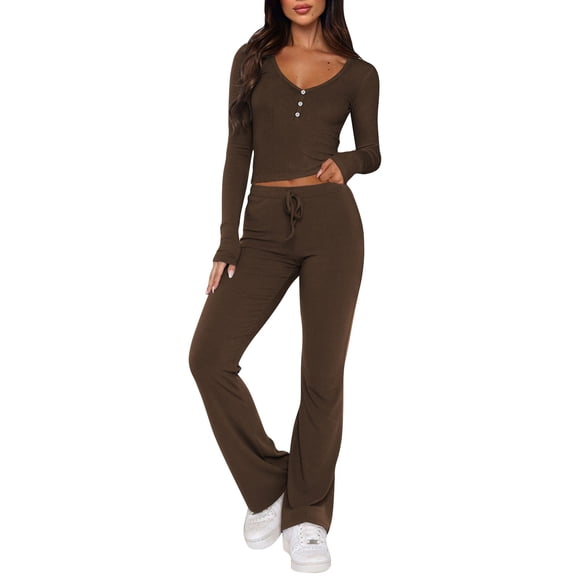 BLOCLOALO 2 Piece Lounge Set Long Sleeve Tops Women's 2 Piece Sets Straight Leg Pants Set Long Sleeve Crop T Shirt Casual Outfits Comfy V Neck Blouses Yoga Suits Soft Lounge Sets for Women Coffee L