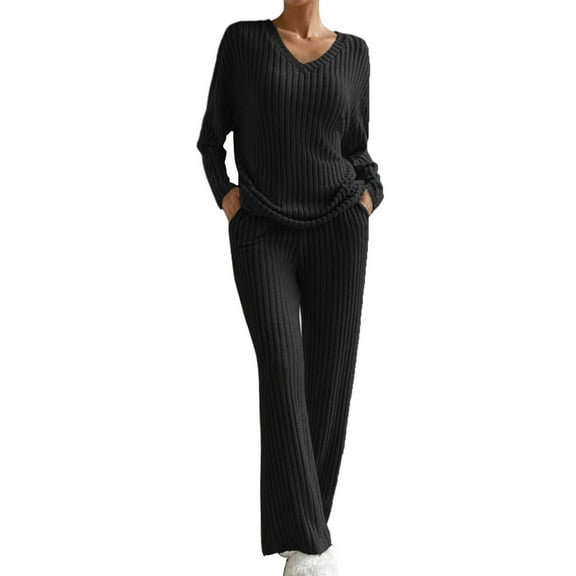 BLOCLOALO 2 Piece Lounge Set Long Sleeve Tops Women's 2023 Fashion Casual Straight Leg Pants Loose V Neck Knit Set V Neck Blouses Knit Sweater Womens Lounge Outfit Black S