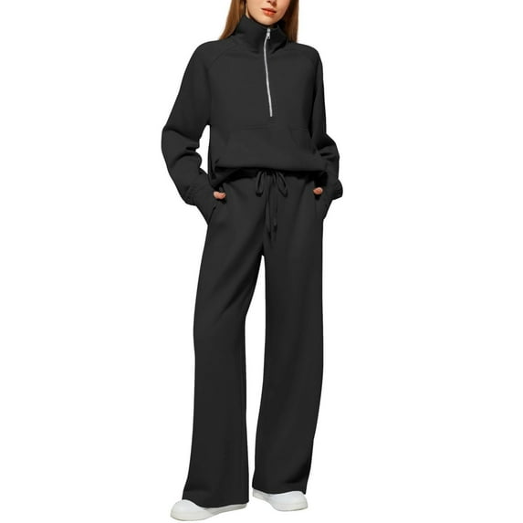 BLOCLOALO 2 Piece Lounge Set Long Sleeve Tops Women's Comfortable Casual Daily Solid Color Pants Spring and Autumn Set Half Zip Pullover Sweatpants and Sweatshirt Set Womens Lounge Outfit Black L