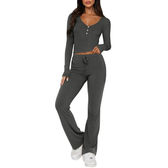 BLOCLOALO 2 Piece Lounge Set Long Sleeve Tops Women's Sets Straight Leg Pants Set Long Sleeve Crop T Shirt Casual Outfits Comfy V Neck Blouses Yoga Suits Soft Lounge Sets for Women Dark Grey Xl