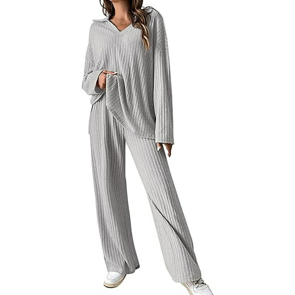 BLOCLOALO 2 Piece Lounge Set Long Sleeve Tops Women's Solid Color Clothing Pleated Top and Loose Wide Leg Pants Casual Suit V Neck Blouses Ribbed Two Piece Set Women Comfy Lounge Sets Grey Xl