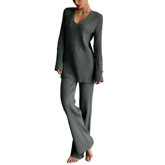 BLOCLOALO 2 Piece Lounge Set Long Sleeve Tops Women's Solid Color Knit Set Long Sleeve Top Long Pants Casual Set V Neck Blouses Knit Sweater Travel Outfits for Women Grey S