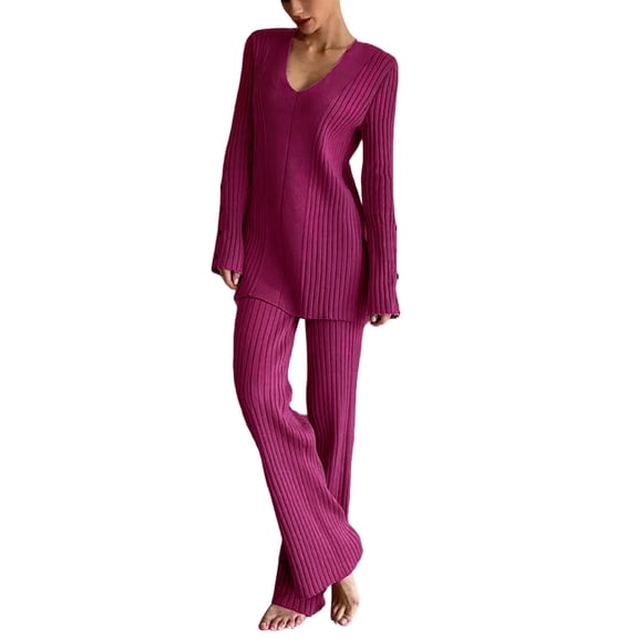 BLOCLOALO 2 Piece Lounge Set Long Sleeve Tops Women's Solid Color Knit Set Long Sleeve Top Long Pants Casual Set V Neck Blouses Knit Sweater Travel Outfits for Women Hot Pink L
