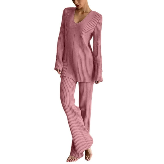 BLOCLOALO 2 Piece Lounge Set Long Sleeve Tops Women's Solid Color Knit Set Long Sleeve Top Long Pants Casual Set V Neck Blouses Knit Sweater Travel Outfits for Women Red M
