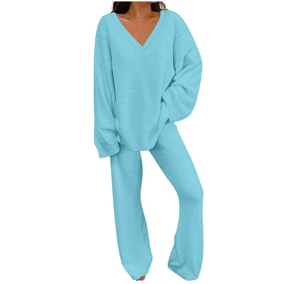 BLOCLOALO 2 Piece Lounge Set Long Sleeve Tops Womens Fall Outfit Pullover Tops and Long Pants Warm Pajamas Sweatsuits V Neck Blouses Sweatpants and Sweatshirt Set Trendy Lounge Sets Light Blue L