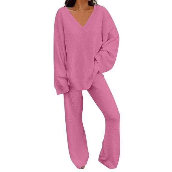 BLOCLOALO 2 Piece Lounge Set Long Sleeve Tops Womens Fall Outfit V Neck Pullover Tops and Long Pants Warm Pajamas Sweatsuits V Neck Blouses Sweatpants and Sweatshirt Set Trendy Lounge Sets Pink L