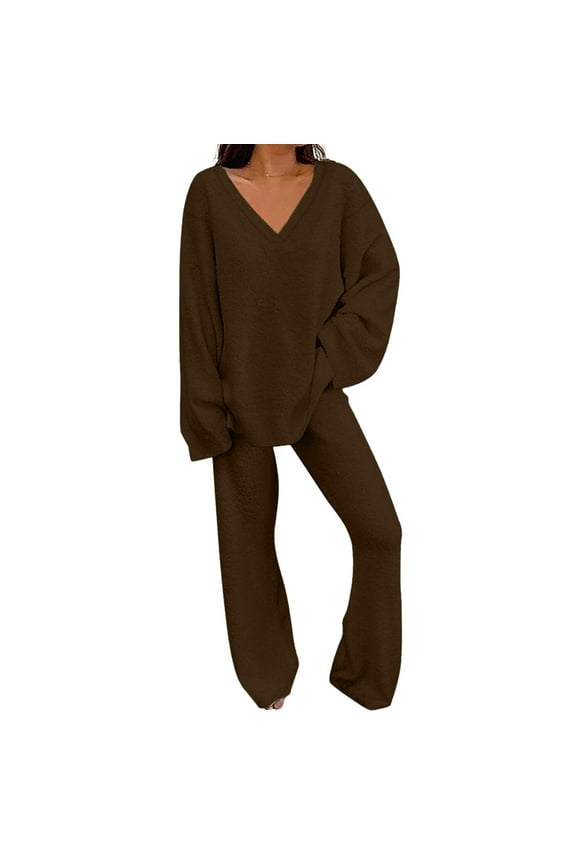 2 Piece Lounge Set Long Sleeve Tops Womens Fall Outfit V Neck Pullover Tops and Long Pants Warm Pajamas Sweatsuits V Neck Blouses Sweatpants and Sweatshirt Set Trendy Lounge Sets Brown 3Xl