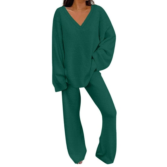 BLOCLOALO 2 Piece Lounge Set Long Sleeve Tops Womens Fall Outfit V Neck Pullover Tops and Long Pants Warm Pajamas Sweatsuits V Neck Blouses Sweatpants and Sweatshirt Set Trendy Lounge Sets Green 3Xl