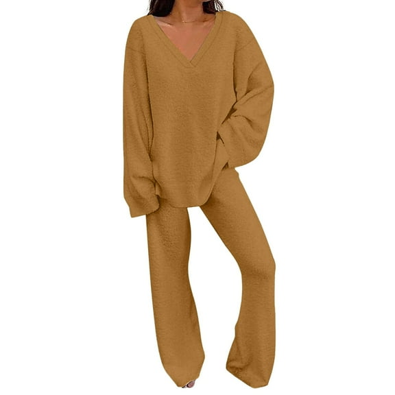 BLOCLOALO 2 Piece Lounge Set Long Sleeve Tops Womens Fall Outfit V Neck Pullover Tops and Long Pants Warm Pajamas Sweatsuits V Neck Blouses Sweatpants and Sweatshirt Set Trendy Lounge Sets Coffee M