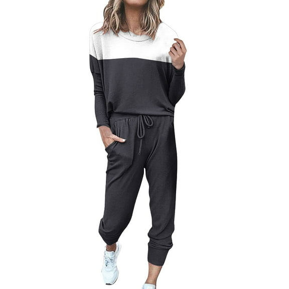 BLOCLOALO 2 Piece Lounge Set Pullover Crewneck Sweater Women's Outfit Crewneck Pullover Tops and Long Pants Sweatsuits with Sweatpants Long Sleeve Tops Casual Sets Casual Lounge Sets Dark Grey M