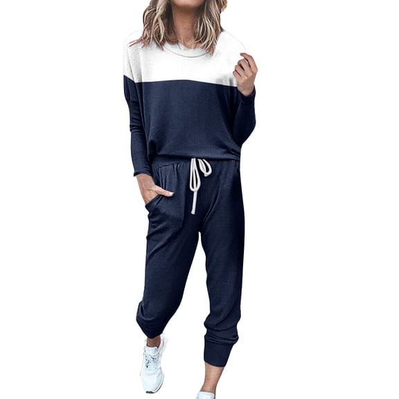 BLOCLOALO 2 Piece Lounge Set Pullover Crewneck Sweater Women's Outfit Crewneck Pullover Tops and Long Pants Sweatsuits with Sweatpants Long Sleeve Tops Drawstring Pants Comfy Lounge Set Blue M