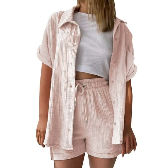 BLOCLOALO 2 Piece Lounge Set Short Sleeve Collared Shirts Fashion Casual Solid Color Double Layer Wrinkled Top Pants Button Down Shirts Short Matching Sets Women Clothing Soft Lounge Set Pink M