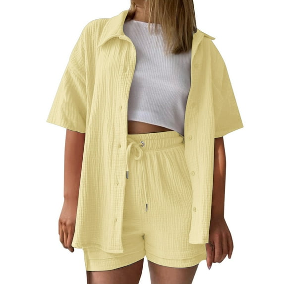 BLOCLOALO 2 Piece Lounge Set Short Sleeve Collared Shirts Linen Shirt Plain Set Beach Cotton Sports Oversize Leisure Suit Button Down Shirts Short Matching Sets Clothing Comfortable Sets Yellow Xxl