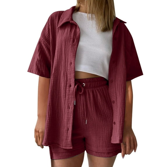 BLOCLOALO 2 Piece Lounge Set Short Sleeve Collared Shirts Linen Shirt Plain Set Beach Cotton Sports Suit Oversize Leisure Suit Button Down Shirts Short Matching Sets Clothing Comfortable Sets Wine 3Xl