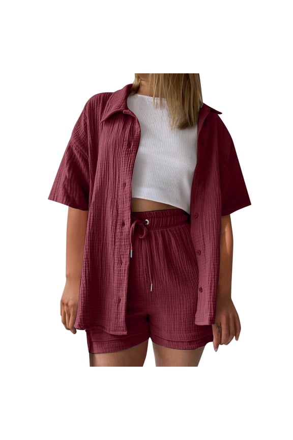 2 Piece Lounge Set Short Sleeve Collared Shirts Linen Shirt Plain Set Beach Cotton Sports Suit Oversize Leisure Suit Button Down Shirts Short Matching Sets Clothing Comfortable Sets Wine M