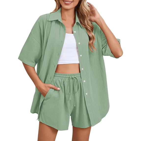 BLOCLOALO 2 Piece Lounge Set Short Sleeve Collared Shirts Women Outfit Summer Short Sleeve Top and Shorts Sweatsuit Set Button Down Shirts Short Matching Sets Women Clothing Casual Lounge Sets Green M
