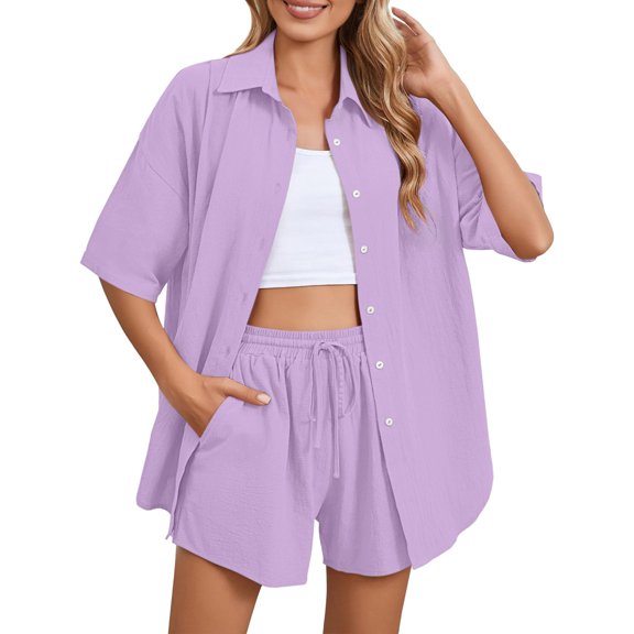 BLOCLOALO 2 Piece Lounge Set Short Sleeve Collared Shirts Women Outfit Summer Top and Shorts Sweatsuit Set Button Down Shirts Short Matching Sets Women Clothing Casual Lounge Sets Purple M