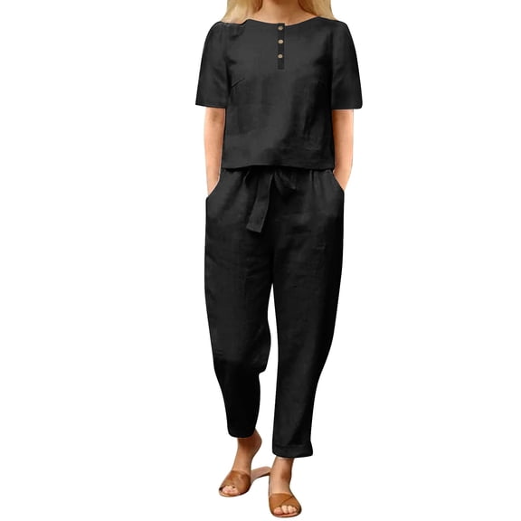 BLOCLOALO 2 Piece Lounge Set Short Sleeve Shirts Cotton Linen Casual Matching Set T Shirts and Pants with Pockets Pullover Crewneck Tops Casual Sets Comfortable Lounge Sets for Women Black L