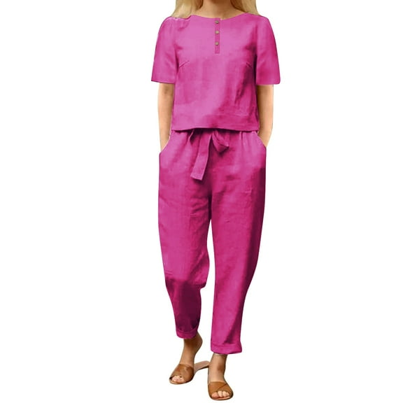 BLOCLOALO 2 Piece Lounge Set Short Sleeve Shirts Cotton Linen Casual Matching Set T Shirts and Pants with Pockets Pullover Crewneck Tops Casual Sets Comfortable Lounge Sets for Women Hot Pink Xxl