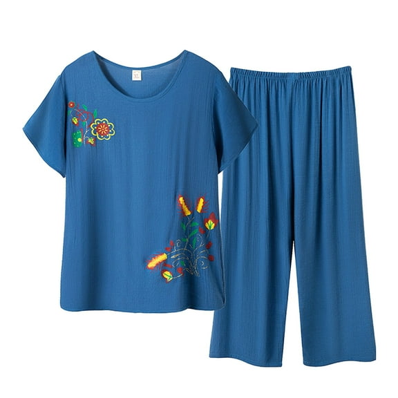 BLOCLOALO 2 Piece Lounge Set Short Sleeve Shirts Women Middle and Elderly Embroidered Print Loose Fit Top and Pants Set Elderly Floral Print Suit Comfortable Lounge Sets Classy Lounge Sets Blue Xl