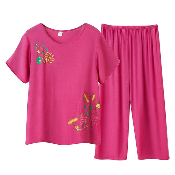 BLOCLOALO 2 Piece Lounge Set Short Sleeve Shirts Women Middle and Elderly Embroidered Print Loose Fit Top and Pants Set Elderly Floral Print Suit Comfortable Lounge Sets Classy Lounge Sets Red Xl