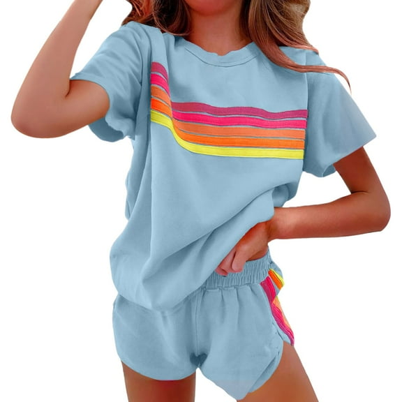 BLOCLOALO 2 Piece Lounge Set Short Sleeve Shirts Women Outfits Sweatsuit Casual Striped Pullover and Shorts Sets Travel Plus Size Workout Sets Sweatpants and Sweatshirt Set Comfy Lounge Set Blue L