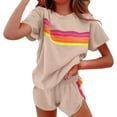 thumbnail image 1 of BLOCLOALO 2 Piece Lounge Set Short Sleeve Shirts Women Outfits Sweatsuit Casual Striped Pullover and Shorts Sets Travel Plus Size Workout Sets Sweatpants and Sweatshirt Set Comfy Lounge Set Khaki L, 1 of 9