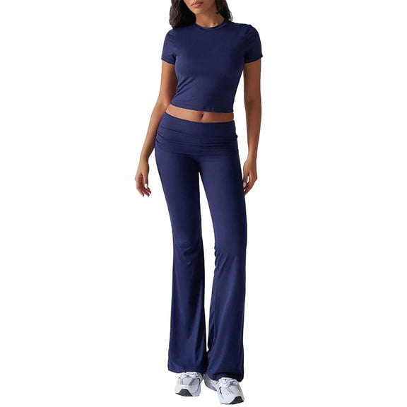 BLOCLOALO 2 Piece Lounge Set Short Sleeve Shirts Women's 2025 Spring and Summer for eign Trade Casual Solid Color Slim Fit Trousers Suit Yoga Suits Elastic Waist Pants Womens Lounge Outfit Navy M