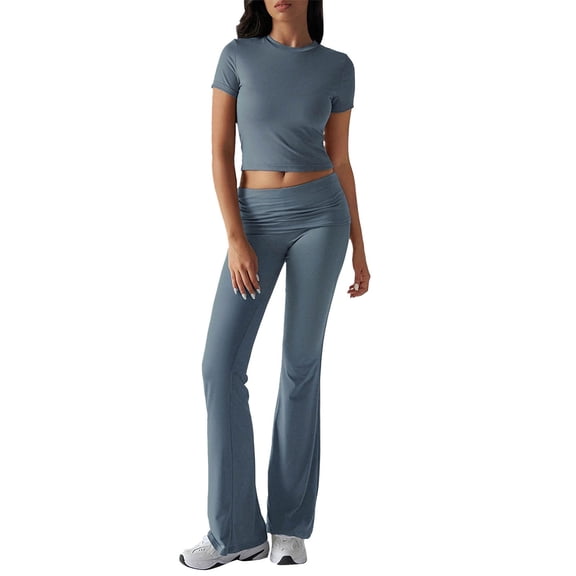 BLOCLOALO 2 Piece Lounge Set Short Sleeve Shirts Women's 2025 Spring and Summer for eign Trade Casual Solid Color Slim Fit Trousers Suit Yoga Suits Elastic Waist Pants Womens Lounge Outfit Blue S