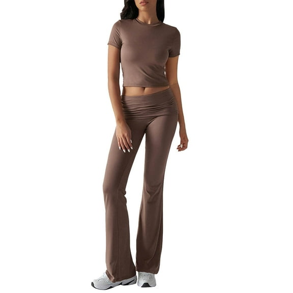 BLOCLOALO 2 Piece Lounge Set Short Sleeve Shirts Women's 2025 Spring and Summer for eign Trade Casual Solid Color Slim Fit Trousers Suit Yoga Suits Elastic Waist Pants Womens Lounge Outfit Coffee M