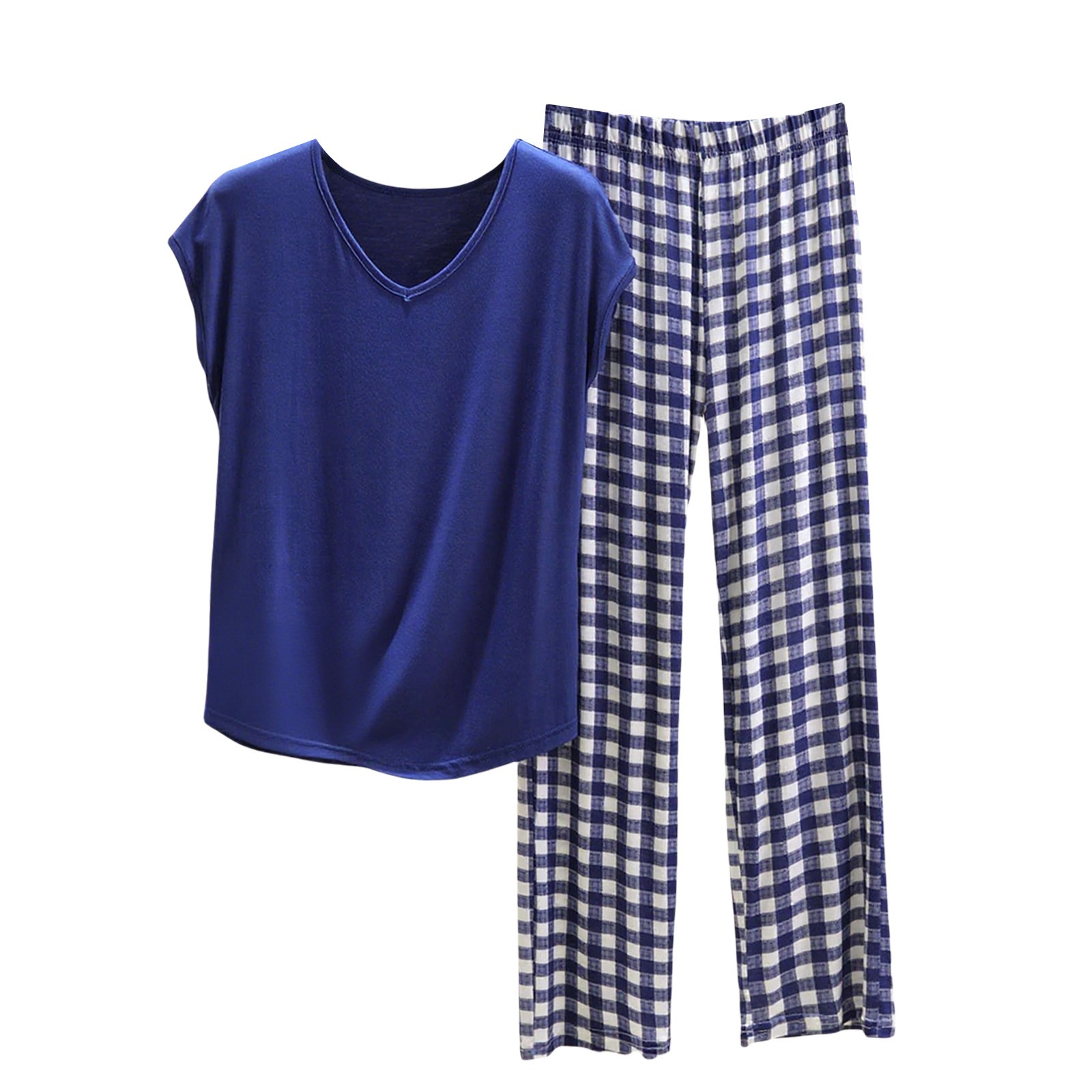 Plaid Collared Neck Button Up Top and Pants Lounge Set main image 0