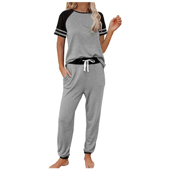 BLOCLOALO 2 Piece Lounge Set Short Sleeve Shirts Women's Patchwork Short Sleeve O-Neck Pullover Leisure Tops   Pants Set Leisure Wear Sets Drawstring Pants Womens Lounge Outfit Grey L