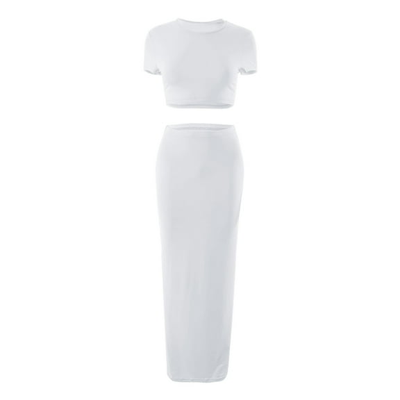 BLOCLOALO 2 Piece Lounge Set Short Sleeve Shirts Women's Summer Casual Round Neck Short Half Sleeve Top High Waist Wrap Long Dress Set Tube Tops Dressy Casual Suit Classy Lounge Sets White L