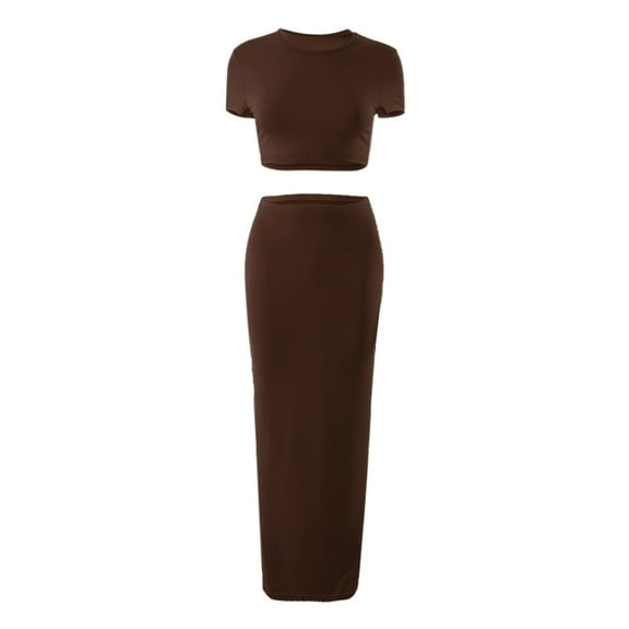 BLOCLOALO 2 Piece Lounge Set Short Sleeve Shirts Women's Summer Casual Round Neck Short Half Sleeve Top High Waist Wrap Long Dress Set Tube Tops Dressy Casual Suit Classy Lounge Sets Brown L