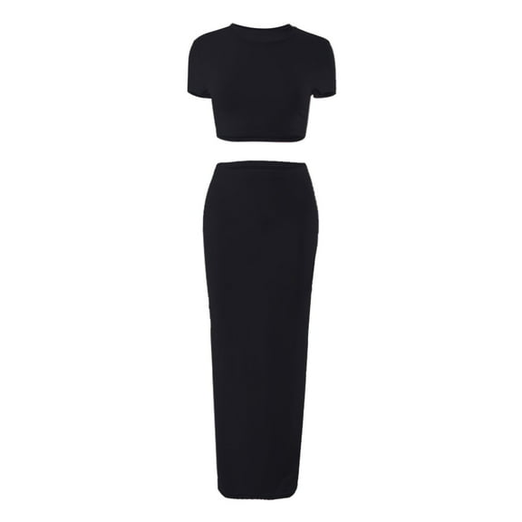 BLOCLOALO 2 Piece Lounge Set Short Sleeve Shirts Women's Summer Casual Round Neck Short Half Sleeve Top High Waist Wrap Long Dress Set Tube Tops Dressy Casual Suit Classy Lounge Sets Black M