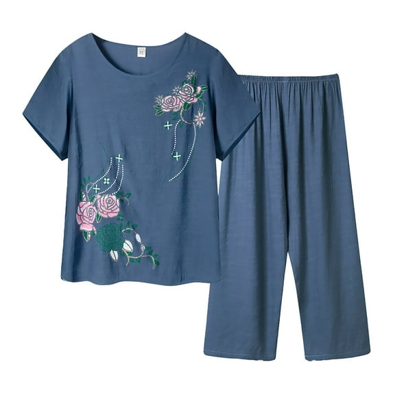 BLOCLOALO 2 Piece Lounge Set Short Sleeve Shirts Women's Summer Cotton and Linen Breathable and Comfortable Short Sleeved Pants Two Set Elderly Floral Print Suit Trendy Sets Casual Sets Blue Xxl