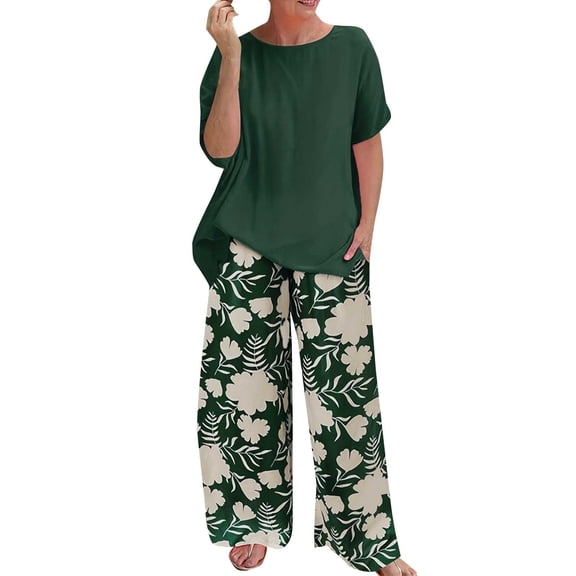 BLOCLOALO 2 Piece Lounge Set Short Sleeve Shirts Women's Summer Fashion Loose Printed Pants Casual Suit Two Piece Set Floral Printted Pants Dressy Casual Suit Soft Lounge Set Green A