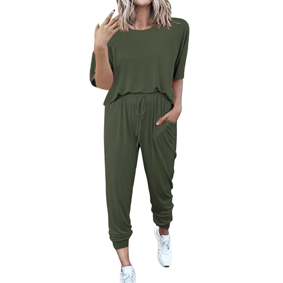 BLOCLOALO 2 Piece Lounge Set Short Sleeve Shirts Women's Two Outfit Short Sleeve Pullover with Drawstring Long Pants Jogger Set Leisure Wear Sets Wide Leg Lounge Sets Casual Sets Army Green 3Xl