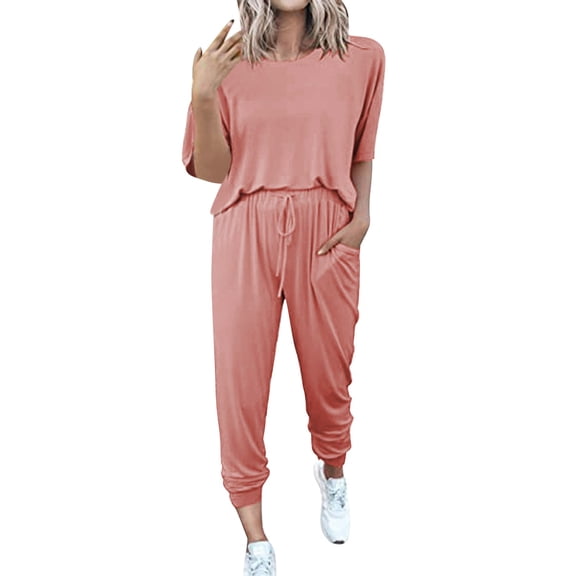 BLOCLOALO 2 Piece Lounge Set Short Sleeve Shirts Women's Two Outfit Short Sleeve Pullover with Drawstring Long Pants Jogger Set Leisure Wear Sets Wide Leg Lounge Sets Casual Sets for Women Pink Xl