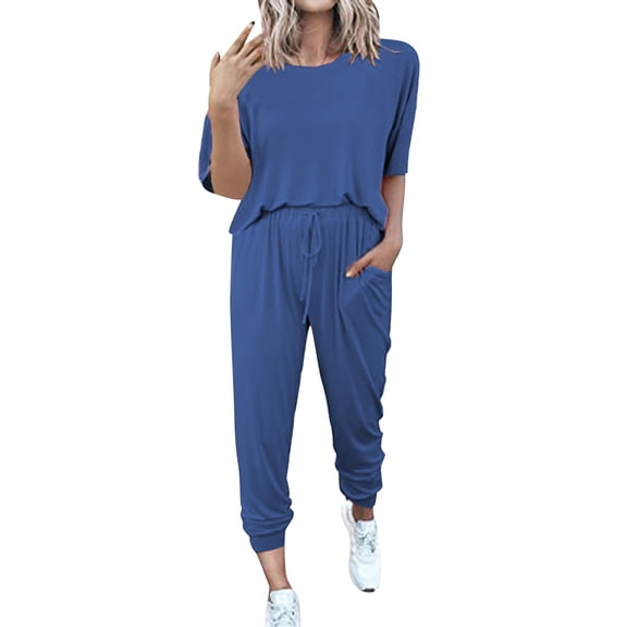 BLOCLOALO 2 Piece Lounge Set Short Sleeve Shirts Women's Two Outfit Short Sleeve Pullover with Drawstring Long Pants Jogger Set Leisure Wear Sets Wide Leg Lounge Sets Casual Sets for Women Blue Xl