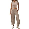 thumbnail image 1 of BLOCLOALO 2 Piece Lounge Set Short Sleeve Shirts Womens Crop Tops Wide Leg Pants Set Workout Sets Summer Sweatsuit Plus Size Workout Sets Sweatpants and Sweatshirt Set Lightweight Lounge Sets Khaki M, 1 of 5
