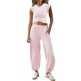 thumbnail image 1 of BLOCLOALO 2 Piece Lounge Set Short Sleeve Shirts Womens Crop Tops Wide Leg Pants Set Workout Sets Summer Sweatsuit Plus Size Workout Sets Sweatpants and Sweatshirt Set Lightweight Lounge Sets Pink M, 1 of 5