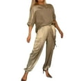 thumbnail image 1 of BLOCLOALO 2 Piece Lounge Set Short Sleeve Shirts Womens Outfits Dressy Pant Suits Casual Satin Wide Leg Pant Sets Loose Fit Sets Sweatpants and Sweatshirt Set Womens Lounge Outfit Beige L, 1 of 6