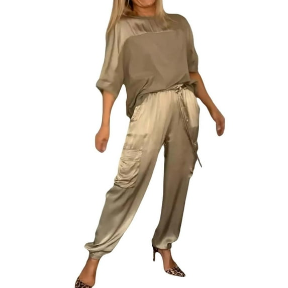 BLOCLOALO 2 Piece Lounge Set Short Sleeve Shirts Womens Outfits Dressy Pant Suits Casual Satin Wide Leg Pant Sets Loose Fit Sets Sweatpants and Sweatshirt Set Womens Lounge Outfit Beige L