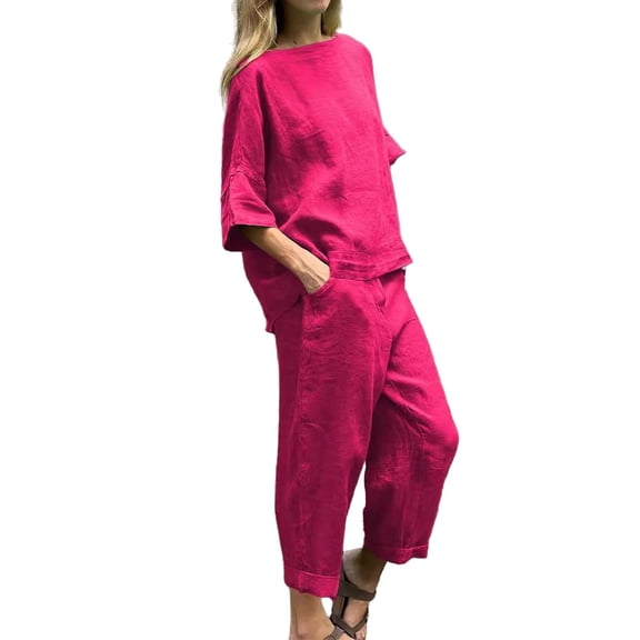 BLOCLOALO 2 Piece Lounge Set Short Sleeve Shirts Womens Summer Casual Solid Color Crewneck Top & Pants Cotton Linen Two Set Trendy Sets Wide Leg Lounge Sets Comfortable Lounge Sets Hot Pink L