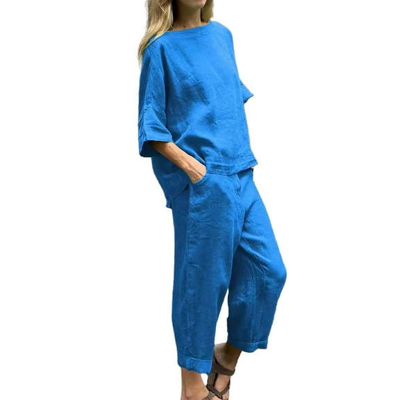 BLOCLOALO 2 Piece Lounge Set Short Sleeve Shirts Womens Summer Casual Solid Color Crewneck Top & Pants Cotton Linen Two Set Trendy Sets Wide Leg Lounge Sets Comfortable Lounge Sets Light Blue L