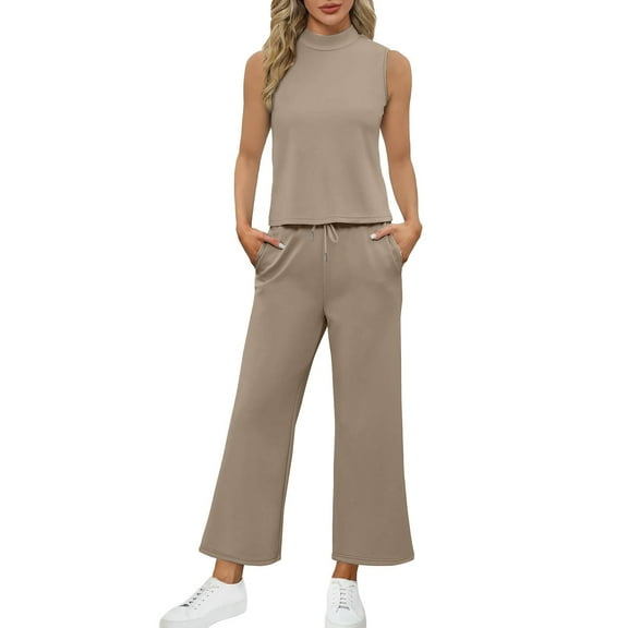 BLOCLOALO 2 Piece Lounge Set Sleeveless Tops Fashion Solid Color Women's Half Summer Half High Neck Trousers Two Set Tunic Tops Sweatpants and Sweatshirt Set Soft Lounge Sets for Women Khaki M