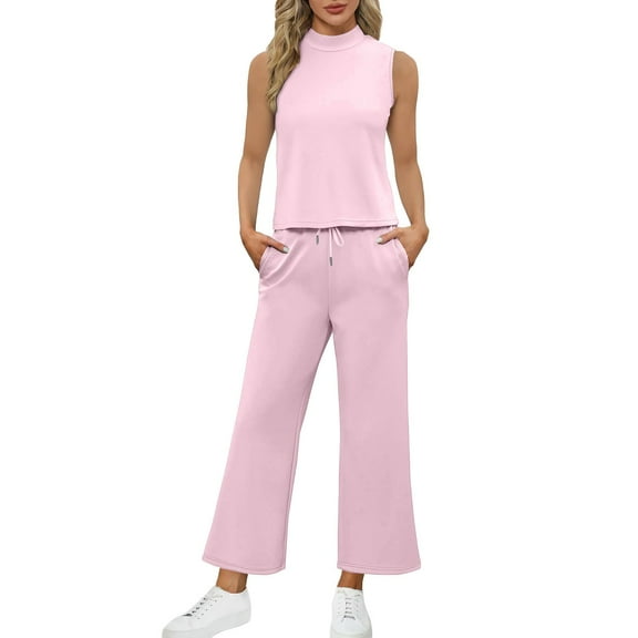 BLOCLOALO 2 Piece Lounge Set Sleeveless Tops Fashion Solid Color Women's Half Summer Half High Neck Trousers Two Set Tunic Tops Sweatpants and Sweatshirt Set Soft Lounge Sets for Women Rd2 S