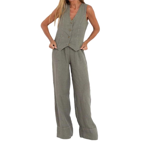 BLOCLOALO 2 Piece Lounge Set Sleeveless Tops Outfits Solid Color Cotton Linen Button Down Shirt Vest Tank Tops and Wide Leg Pants Set V Neck Blouses Trendy Business Sets Trendy Lounge Sets Grey S