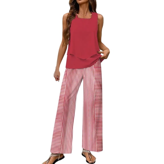 BLOCLOALO 2 Piece Lounge Set Sleeveless Tops Summer Outfits Sleeveless Sets Square Neck Tops Wide Leg Crop Pants Vacation Outfits Tunic Tops Comfy Lounge Sets Basic Lounge Set Red M